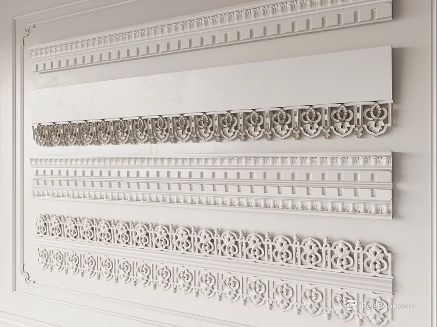 Decorative Wall Lines With Various Intricate Patterns And White Architectural Trim 3d model 
