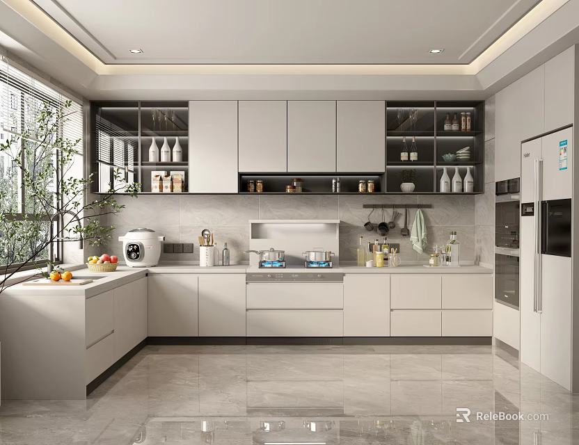 Modern Kitchen Interior Design With White Cabinets Countertop Appliances And Open Shelves 3d model 
