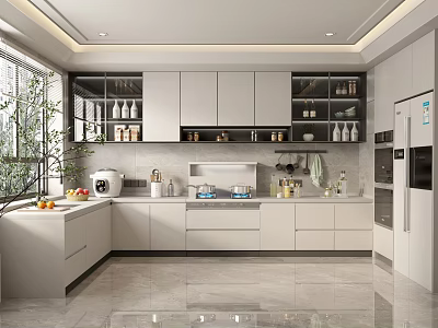 Modern Kitchen Interior Design With White Cabinets Countertop Appliances And Open Shelves 3d model