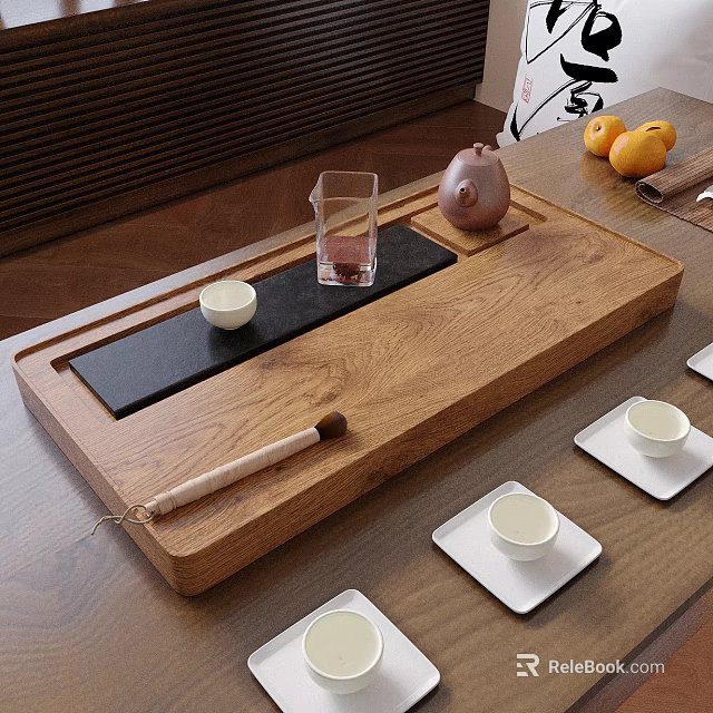 Elegant Wooden Tea Set with Ceramic Teapot Tray Small Cups and Black Mat 3d model 