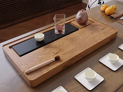 Elegant Wooden Tea Set with Ceramic Teapot Tray Small Cups and Black Mat 3d model