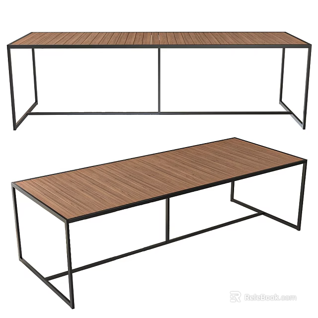 Modern Dining Table Featuring Wooden Top And Black Metal Frame Structure 3d model