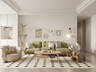Modern Living Room Interior With Green Sofa Beige Armchair Geometric Rug And Decorative Paintings 3d model
