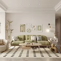 Modern Living Room Interior With Green Sofa Beige Armchair Geometric Rug And Decorative Paintings