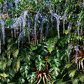 Living Plant Wall Featuring Wisteria Blooms Greenery Purple Pink Flowers Deer Sculpture Stream And Grass