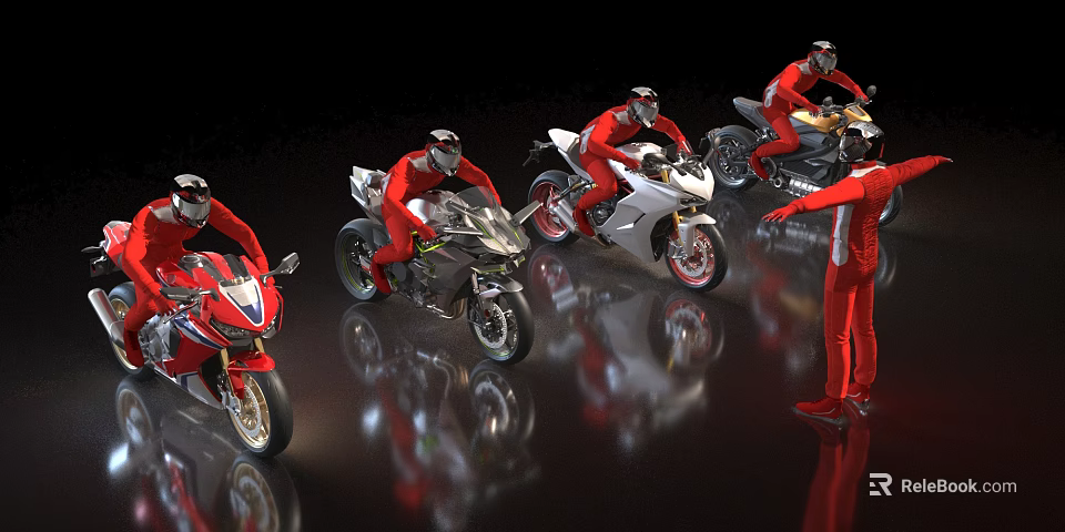 Multiple Racing Motorcycles With Riders In Red Suits On Reflective Display Floor 3d model