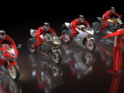 Multiple Racing Motorcycles With Riders In Red Suits On Reflective Display Floor 3d model