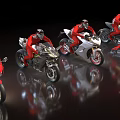 Multiple Racing Motorcycles With Riders In Red Suits On Reflective Display Floor 3d model