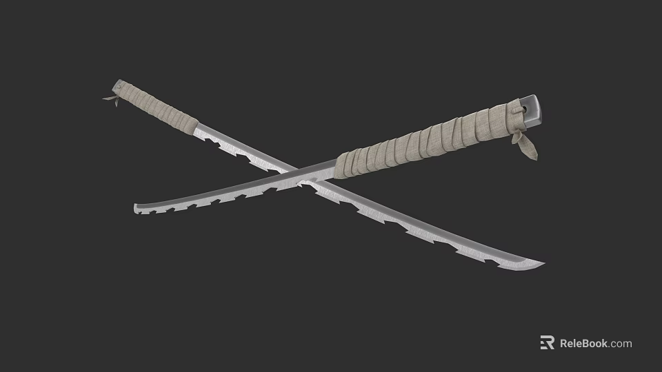 Classic Japanese Swords With Serrated Blades And Wrapped Handles Crossed Design 3d model 