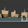Detailed Golden Ship And Offshore Platform Models On Blue Display Base