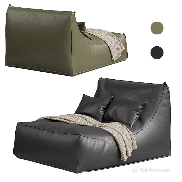 Comfortable Bean Bag Chair in Olive Green and Black with Soft Blanket and Pillows 3d model 