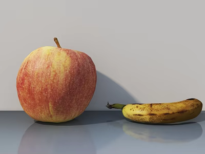 Fresh Juicy Red Apple and Ripe Yellow Banana on Smooth Shiny Surface 3d model