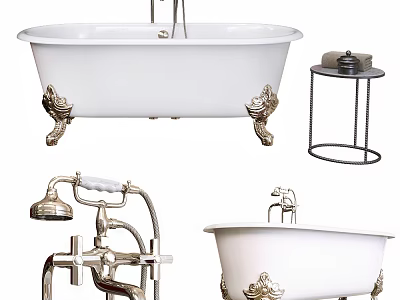 Vintage White Porcelain Bathtub With Brass Claw Feet And Classic Faucet Side Table 3d model