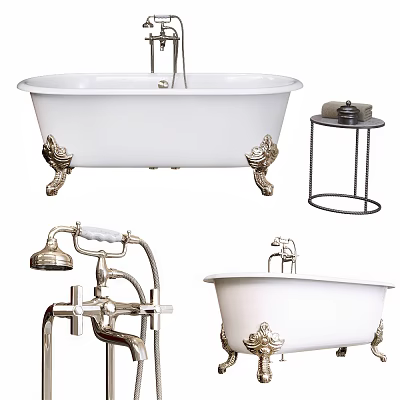 Vintage White Porcelain Bathtub With Brass Claw Feet And Classic Faucet Side Table 3d model