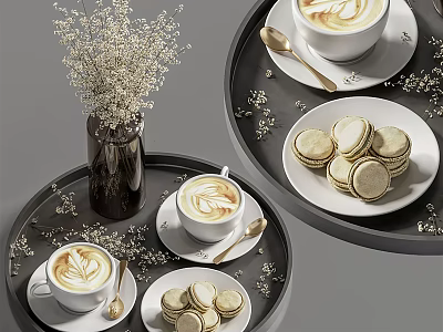Creamy Latte with Latte Art and Macarons on Decorative Trays with Floral Accents 3d model