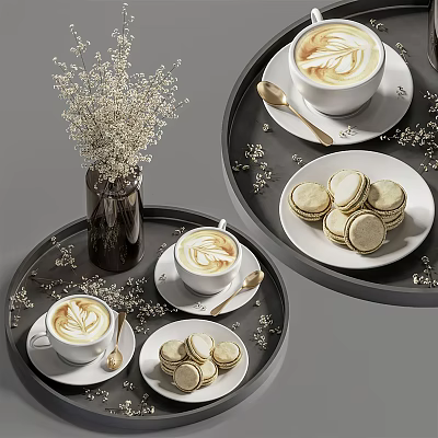 Creamy Latte with Latte Art and Macarons on Decorative Trays with Floral Accents 3d model