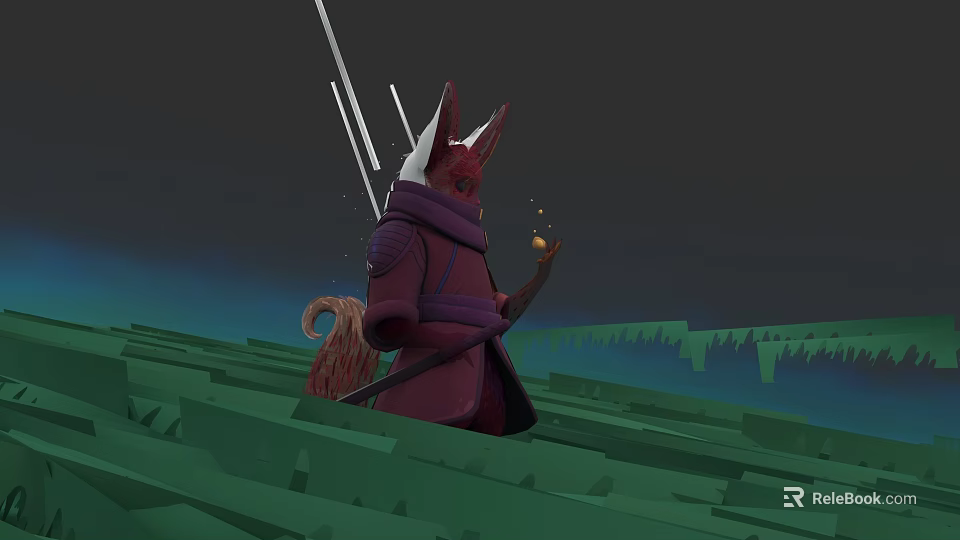 Fox Character With Red Tail In Purple Coat Holding Glowing Object On Green Grass 3d model 