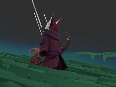 Fox Character With Red Tail In Purple Coat Holding Glowing Object On Green Grass 3d model