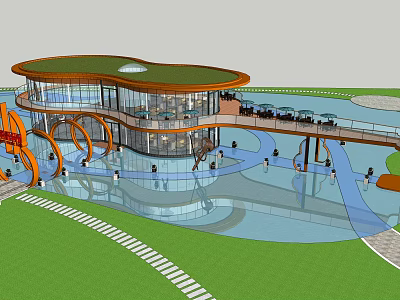Modern Public Building With Curved Green Roof Glass Facade Water Features And Surrounding Greenery 3d model