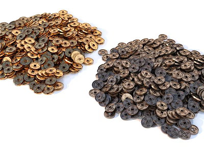 Two Piles Of Buttons With Golden And Dark Brown Colors On White Background 3d model