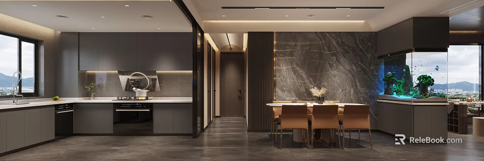 Modern Dining Living Room Interior With Marble Wall Dining Table And Chairs 3d model