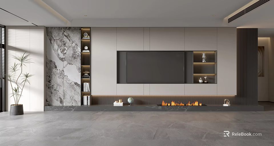 Modern TV Wall Design With Marble Texture Built In TV Open Shelves And Fireplace Flames 3d model 