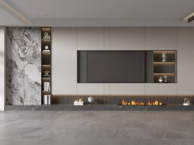Modern TV Wall Design With Marble Texture Built In TV Open Shelves And Fireplace Flames 3d model