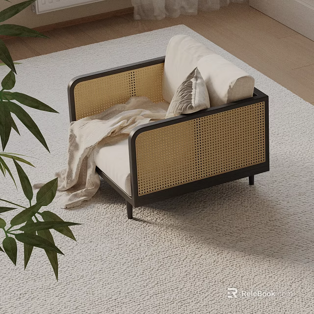 Modern Rattan Lounge Chair With Beige Cushion And Throw Blanket In Living Room 3d model 