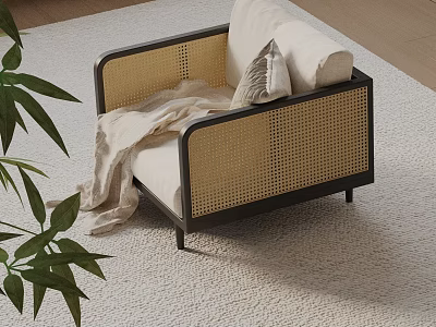 Modern Rattan Lounge Chair With Beige Cushion And Throw Blanket In Living Room 3d model