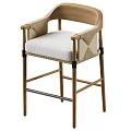 Natural Wooden Frame Bar Stool With Woven Armrests And Comfortable Light Cushion
