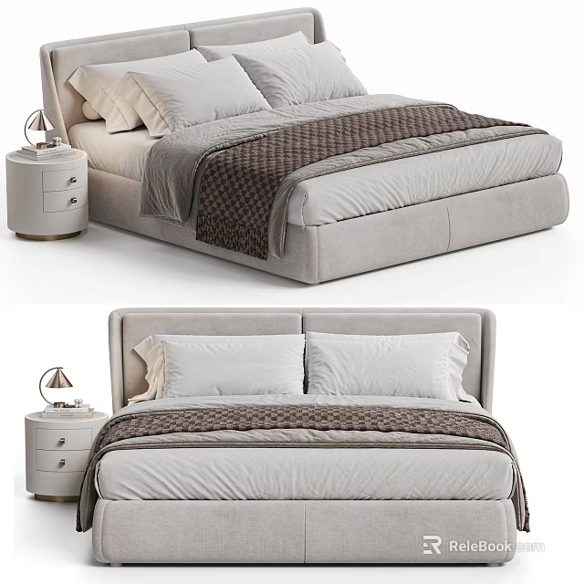 Modern Velvet Upholstered Double Bed With Headboard Nightstand Table Lamp Pillows And Patterned Blanket 3d model 