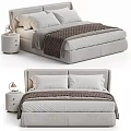 Modern Velvet Upholstered Double Bed With Headboard Nightstand Table Lamp Pillows And Patterned Blanket