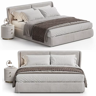 Modern Velvet Upholstered Double Bed With Headboard Nightstand Table Lamp Pillows And Patterned Blanket 3d model
