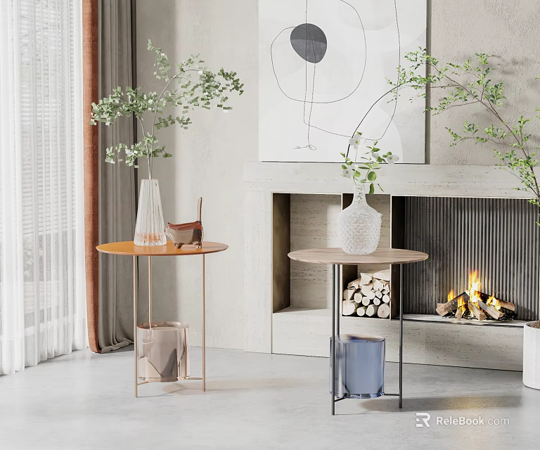 Modern Round Side Tables With Wooden Top And Metal Legs By Fireplace Green Plants Vases 3d model 
