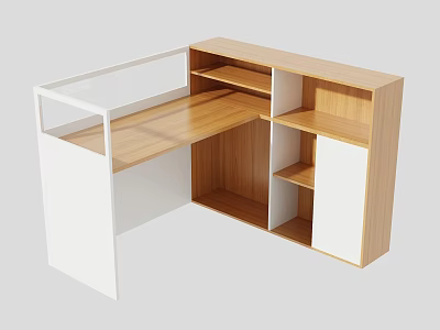 L Shaped Office Desk With Wooden Top White Frame Storage Shelves And Cabinet 3d model