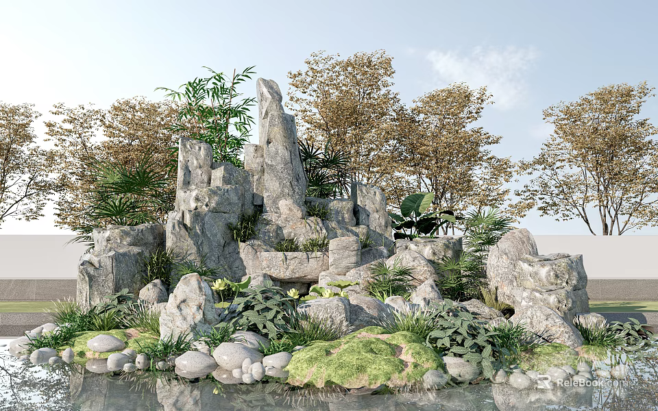 Traditional Garden Ornament With Rock Formation Stones Green Plants And Water Feature 3d model 