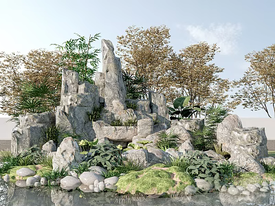 Traditional Garden Ornament With Rock Formation Stones Green Plants And Water Feature 3d model