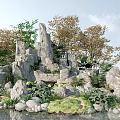Traditional Garden Ornament With Rock Formation Stones Green Plants And Water Feature