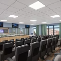 School Classroom Interior With White Round Tables Green Chairs Blackboard Display Screen Windows And Curtains