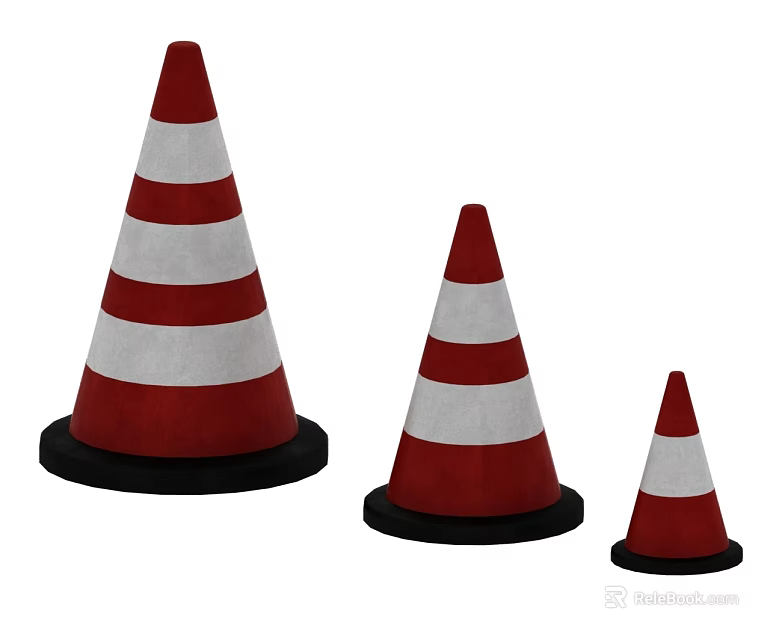 Red And White Striped Traffic Cones In Three Different Sizes With Black Bases 3d model