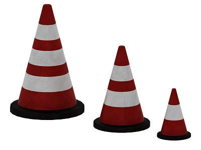 Red And White Striped Traffic Cones In Three Different Sizes With Black Bases 3d model