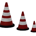 Red And White Striped Traffic Cones In Three Different Sizes With Black Bases 3d model