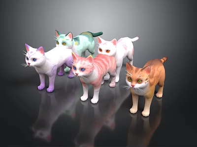 Colorful Cat Figurines With Various Colors Standing Poses And Shiny Surfaces 3d model