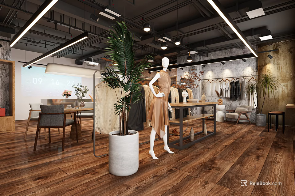 Modern Cafe Interior With Wooden Flooring Tables Chairs And Large Potted Plant 3d model 