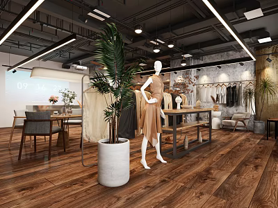 Modern Cafe Interior With Wooden Flooring Tables Chairs And Large Potted Plant 3d model