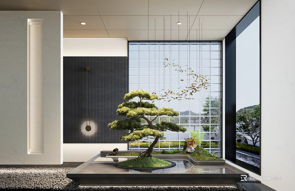 Serene Indoor Landscape With Bonsai Tree Water Feature And Glass Wall 3d model 