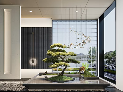 Serene Indoor Landscape With Bonsai Tree Water Feature And Glass Wall 3d model