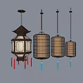 Traditional And Modern Style Chandeliers With Lantern Shaped Wooden Frame Metal Grid And Tassels