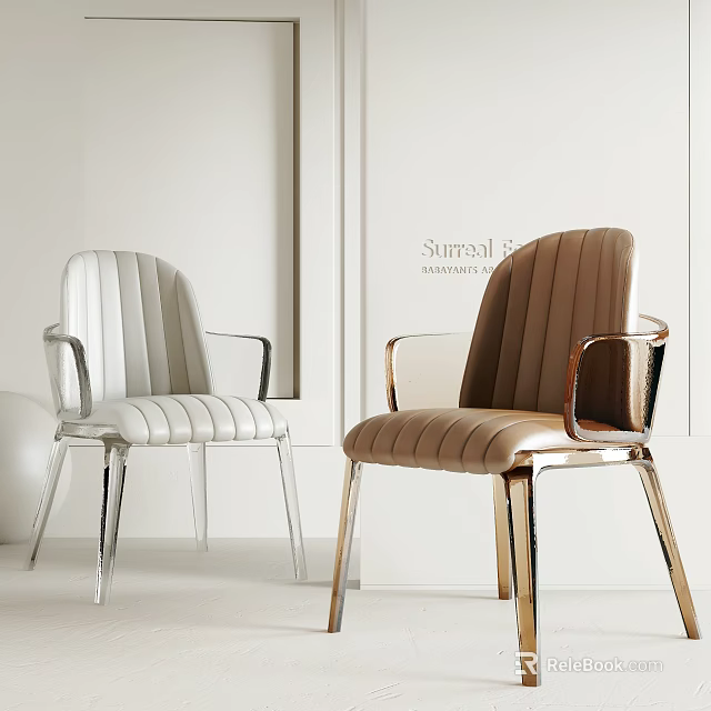 Elegant Modern Single Chair With White Brown Tufted Leather Upholstery And Metal Armrests Frame 3d model 