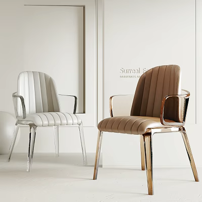 Elegant Modern Single Chair With White Brown Tufted Leather Upholstery And Metal Armrests Frame 3d model
